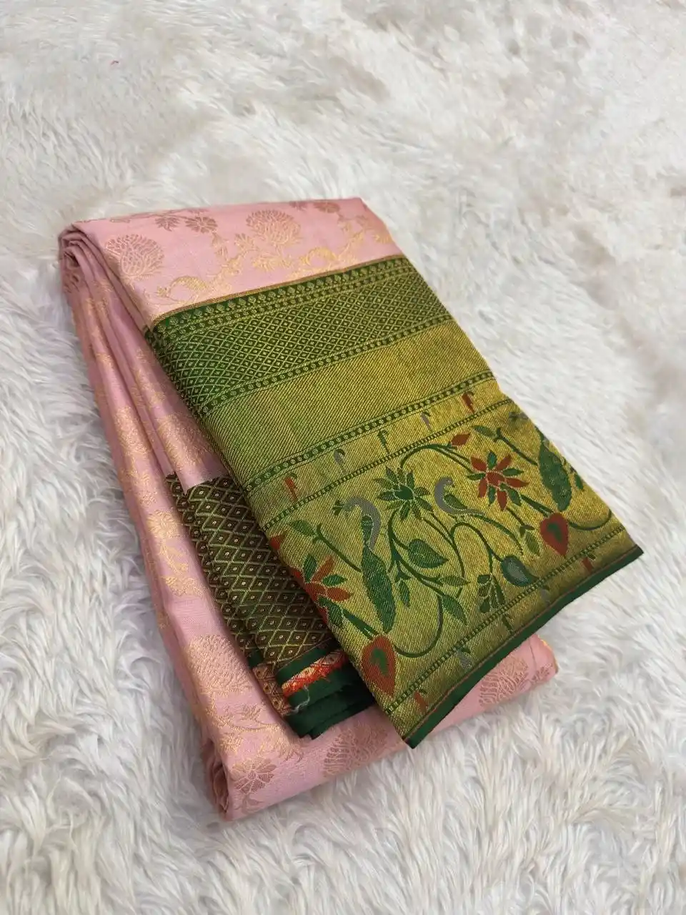 Baby Pink with Forest Green Contrast Pure Kanchipuram Handloom Silk Saree
